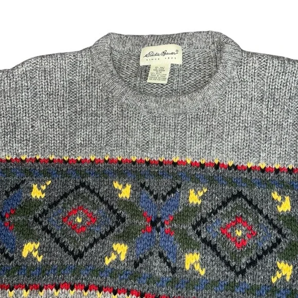 Eddie Bauer Mens Wool Crew Neck‎ Sweater Gray Size Medium Ribbed Y2K Vintage - Picture 3 of 10